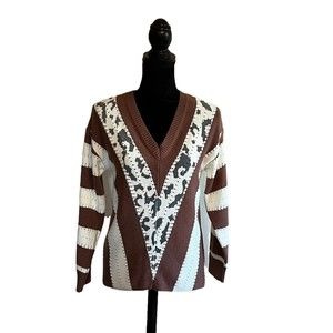 Unbranded Woman’s Medium Leopard Print Striped Colorblock V-Neck Sweater